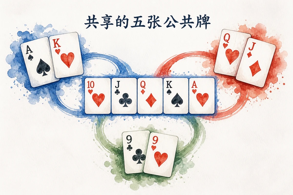 德州扑克三家底牌与共享的五张公共牌关系图