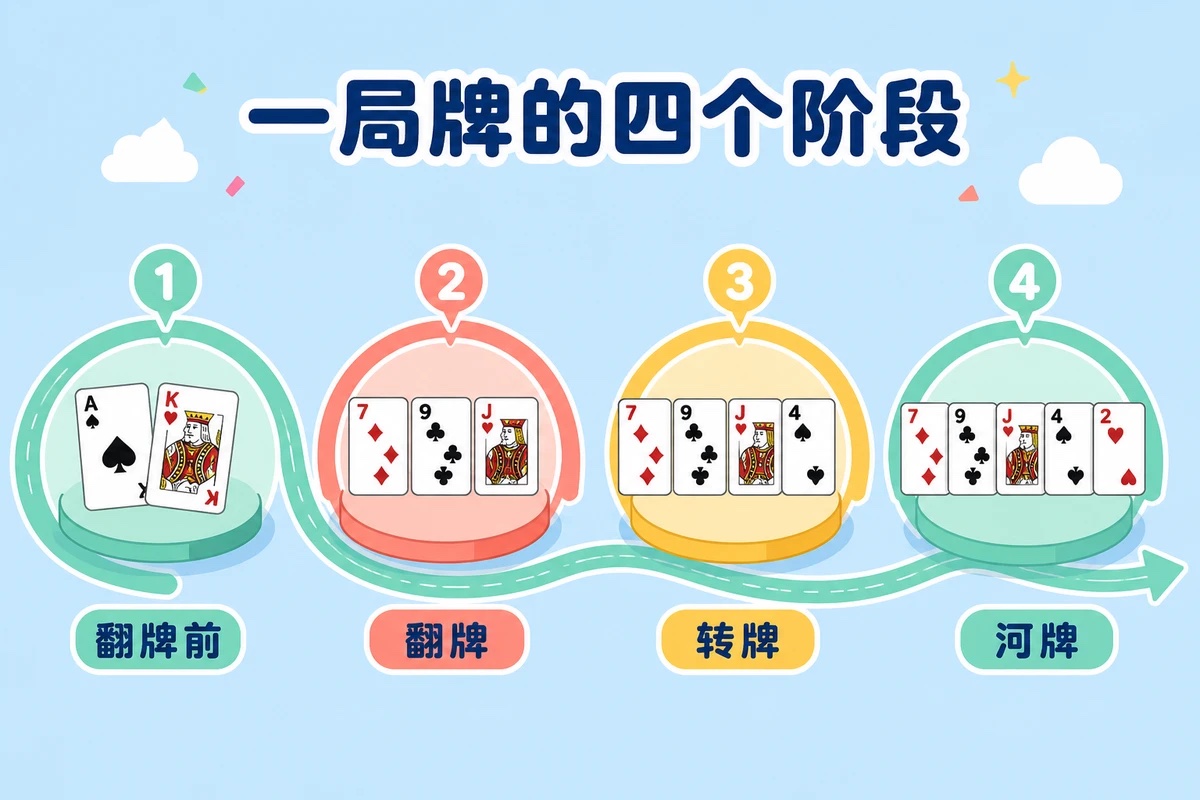 德州扑克一局牌四个阶段流程图：翻牌前、翻牌、转牌、河牌